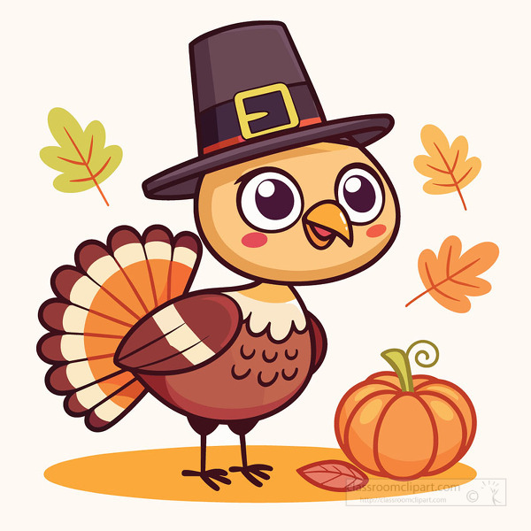 cheerful Thanksgiving turkey in a pilgrim hat stands proudly with a pumpkin and autumn leaves