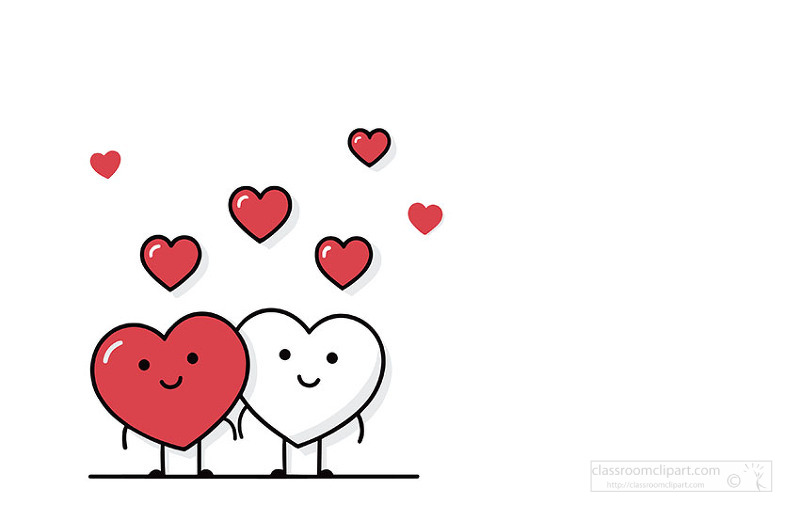 Two smiling heart characters standing side by side with floating love symbols
