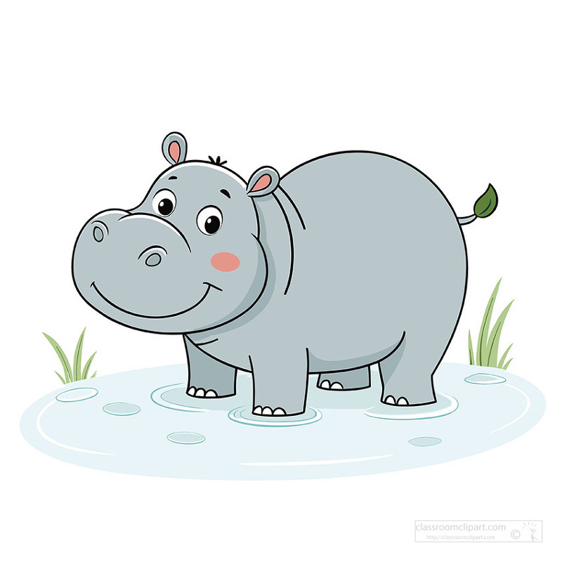 Adorable hippo in African watering hole illustrated in soft 2D cartoon style