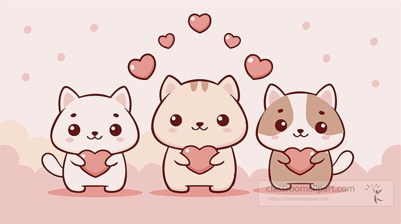 Three charming cartoon animals hold heart shapes while surrounded by floating hearts.