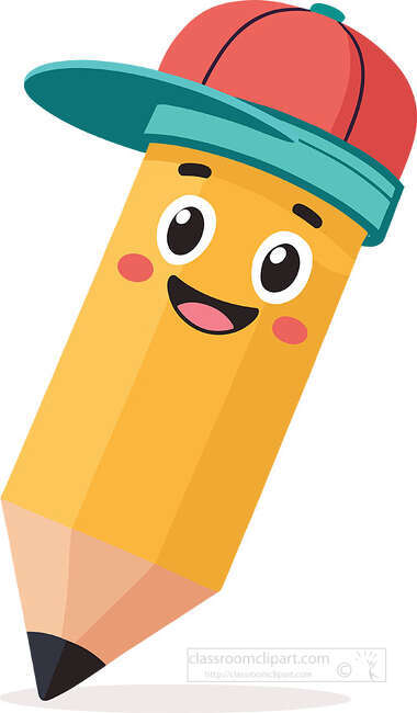 Cute kawaii pencil character with a smiling face and colorful cap for school posters classroom decor and learning materials