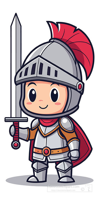 Friendly knight character in shiny armor with red plume helmet and cape