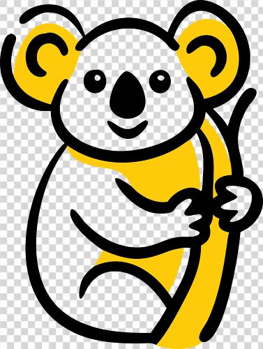 A cheerful koala grips a yellow branch in a simple cartoon style