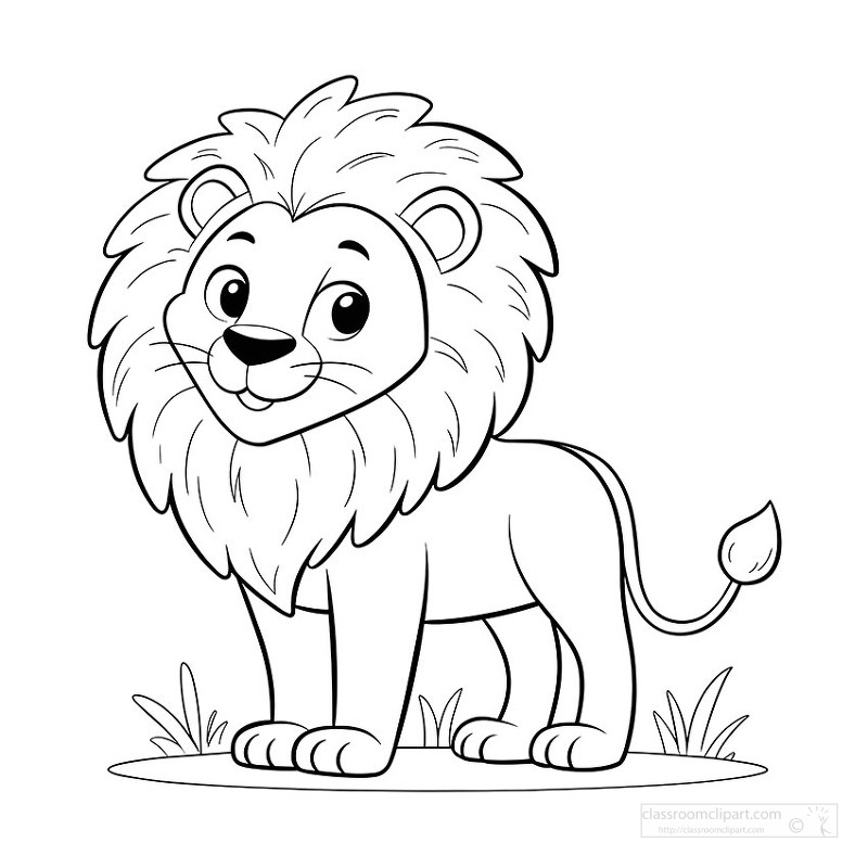 black and white illustration shows a friendly lion designed for children coloring and learning