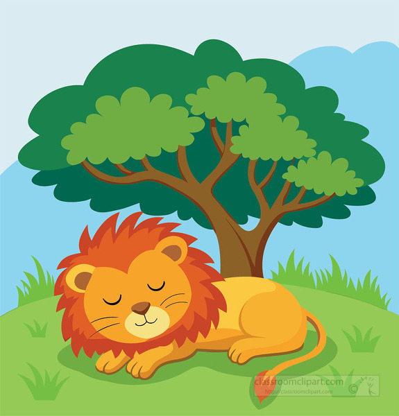 peaceful lion with a full mane naps in a grassy area near a large tree in africa