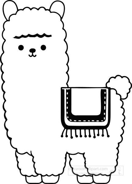 simple black and white line art of a llama with decorative blanket designed for kids coloring books or craft projects