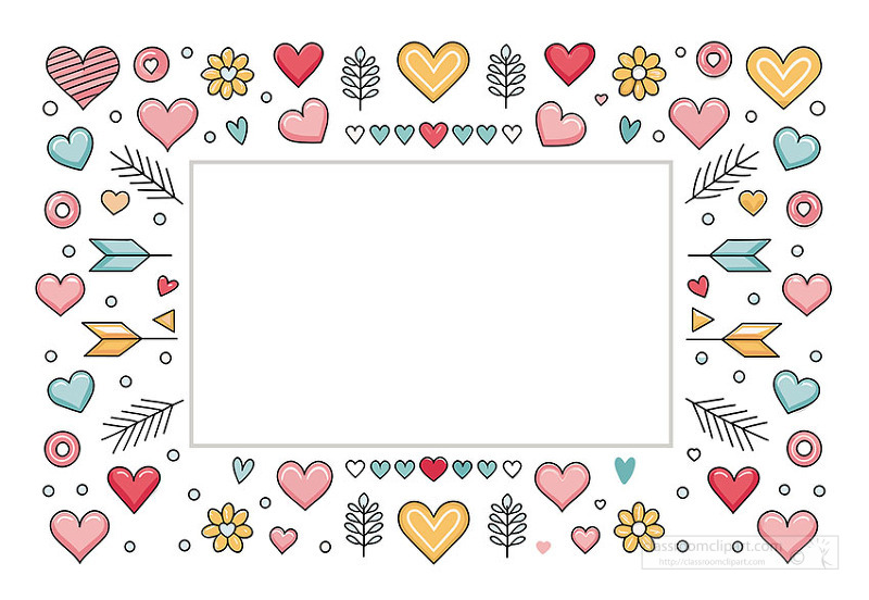 Hand drawn style border frame with hearts and romantic decorations