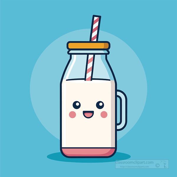 happy milk bottle with straw and cute face design drawn in simple flat vector style