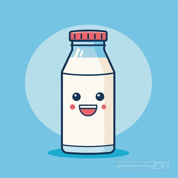 simple flat vector illustration of a milk bottle with a red cap and smiling face on a blue background