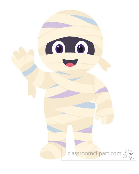 Cute mummy wrapped in cream bandages smiling with purple eyes and one raised hand waving