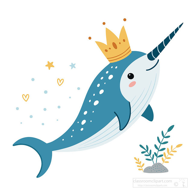 Whimsical narwhal character with a golden crown surrounded by tiny hearts stars and sea plants