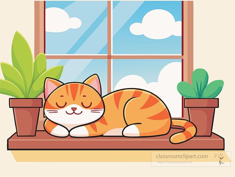 An adorable orange tabby cat rests peacefully on a windowsill surrounded by potted plants The bright blue sky and fluffy clouds create a cheerful atmosphere