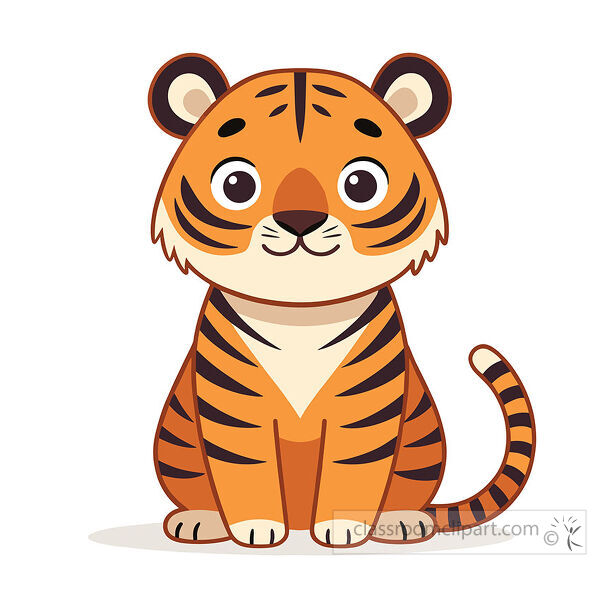 Cute orange tiger sits upright with dark stripes big round eyes a cream muzzle and a curled tail