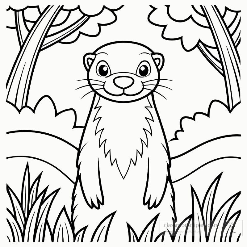 A cheerful otter stands upright in a grassy area surrounded by trees Its fur is fluffy and it has a friendly expression The scene is designed as a black outline suitable for coloring