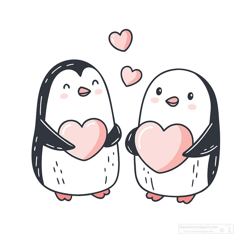 Adorable penguin couple holding hearts for sweet valentines artwork
