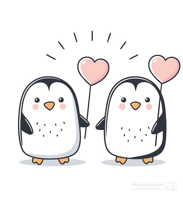 two cute penguins holding heart balloons valentines theme