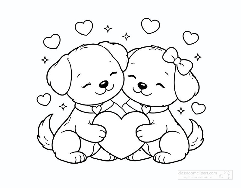 Adorable puppy couple holding a heart for sweet valentines coloring fun