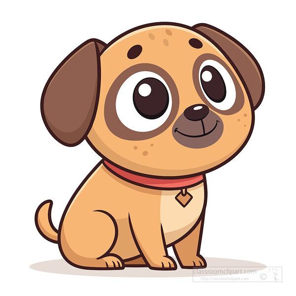 small smiling puppy with big eyes and a red collar sitting on the ground in flat vector style