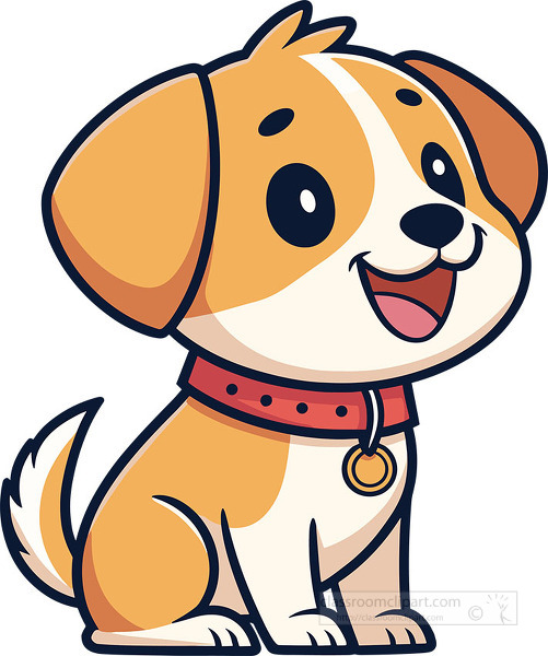 Friendly puppy sitting with a happy smile and red collar