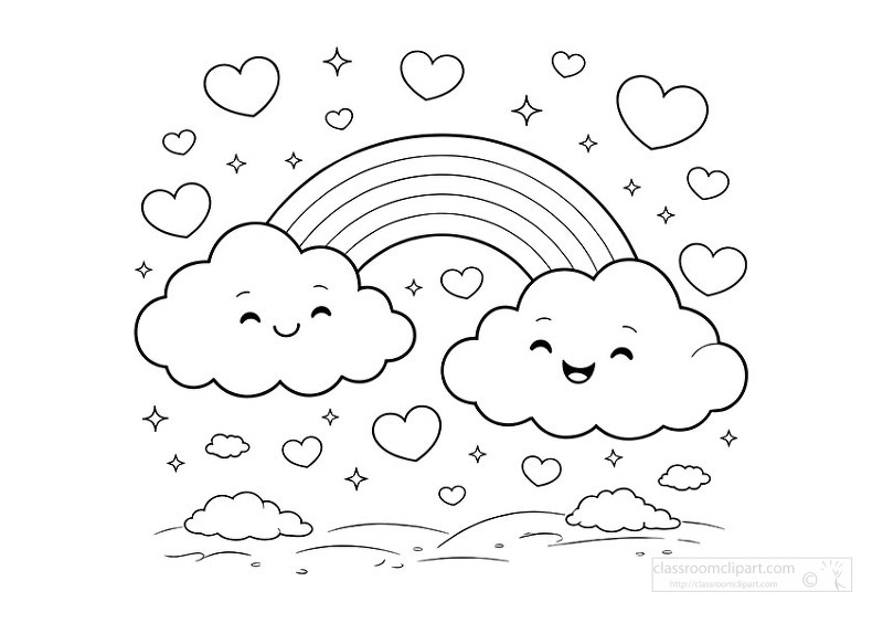 Adorable clouds and rainbow illustration with hearts for relaxing coloring activities