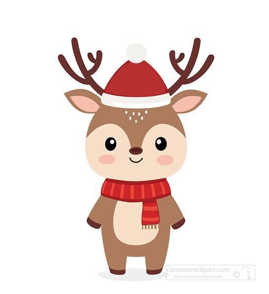 Adorable cartoon reindeer with a red Santa hat and striped scarf perfect for holiday cards Christmas crafts and festive designs