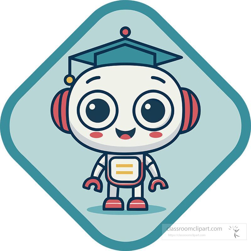 A cheerful robot character stands with a smile wearing a graduation cap and headphones The friendly design emphasizes a fun and educational theme that appeals to young audiences