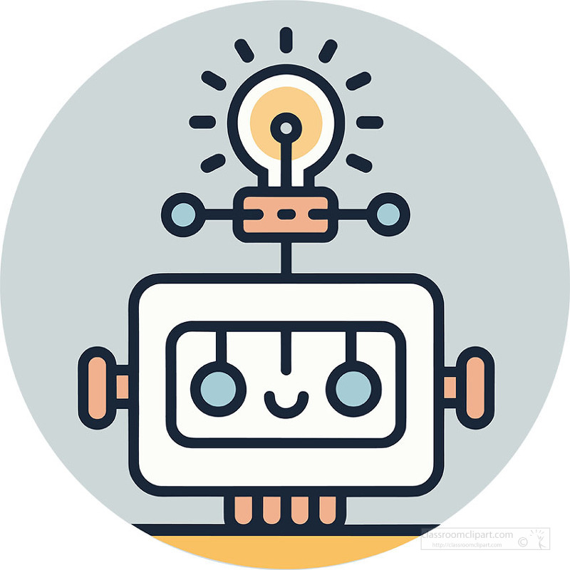 friendly robot character with a glowing lightbulb showing creativity and innovation