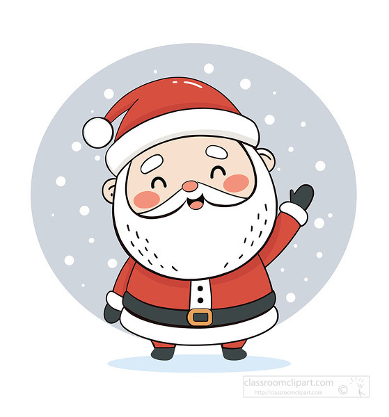 A happy Santa Claus waving while snow falls behind him