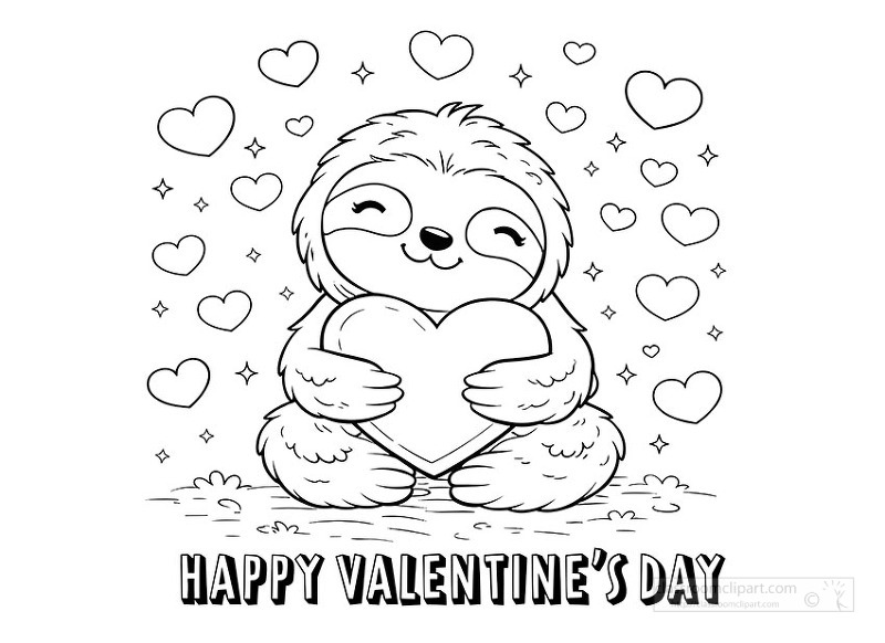 Adorable sloth holding heart with happy valentines day message for coloring fun