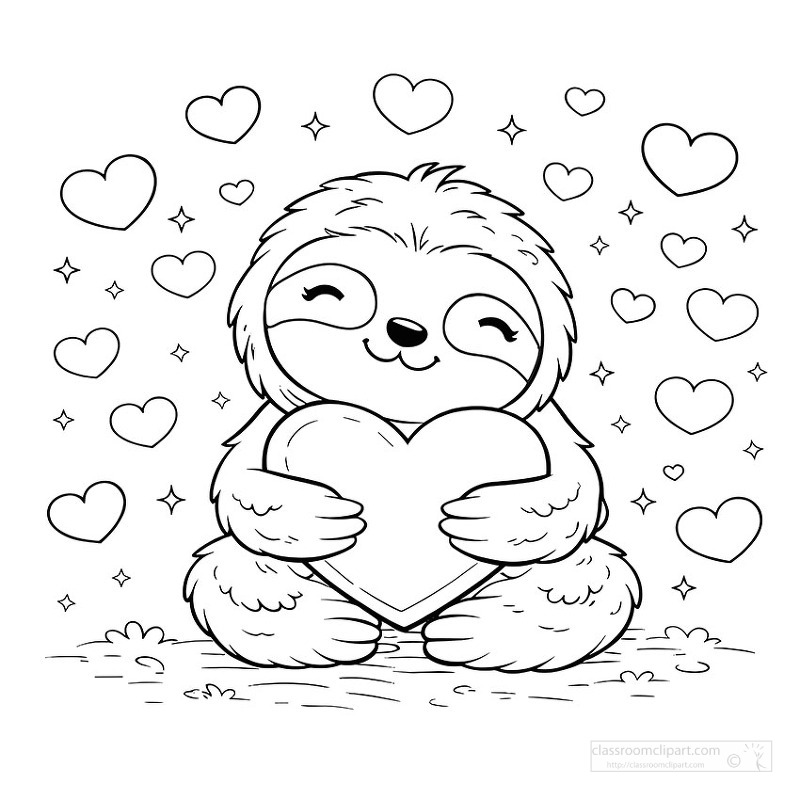 Adorable sloth holding heart with floating love shapes for coloring fun