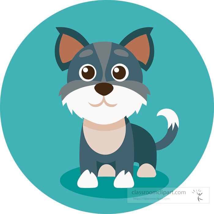 Adorable vector cartoon of a puppy with fluffy fur and big eyes standing on teal background