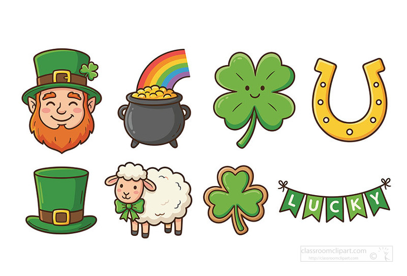 cute collection of St Patricks Day icons in cartoon style