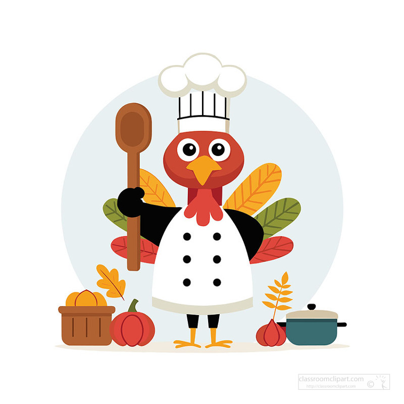 Cute turkey dressed as chef standing with cooking spoon and fall harvest elements