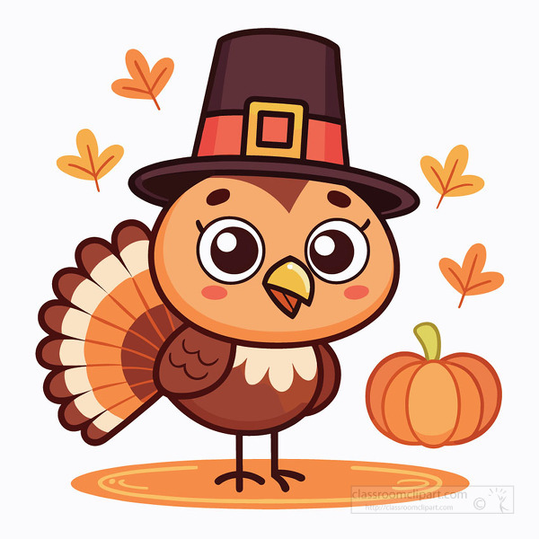 A happy Thanksgiving turkey wearing a pilgrim hat stands beside a pumpkin with falling autumn leaves