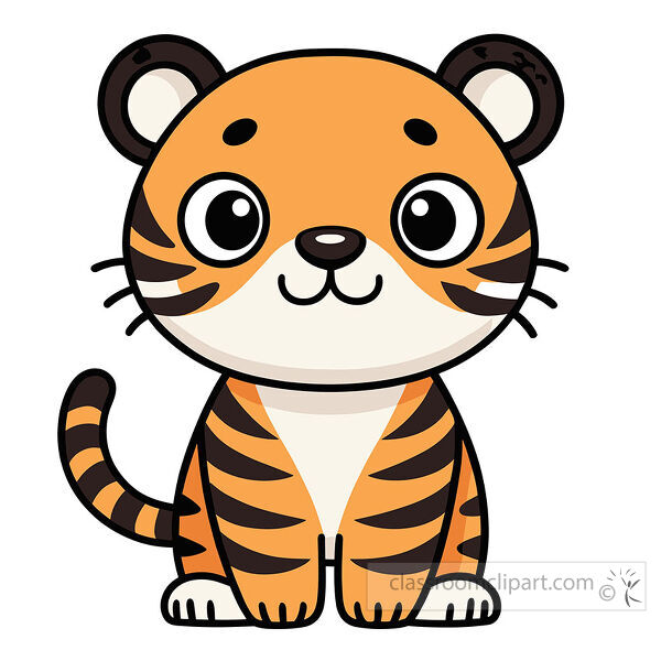 Cute orange tiger sits facing forward with dark stripes big eyes a cream muzzle and curled tail