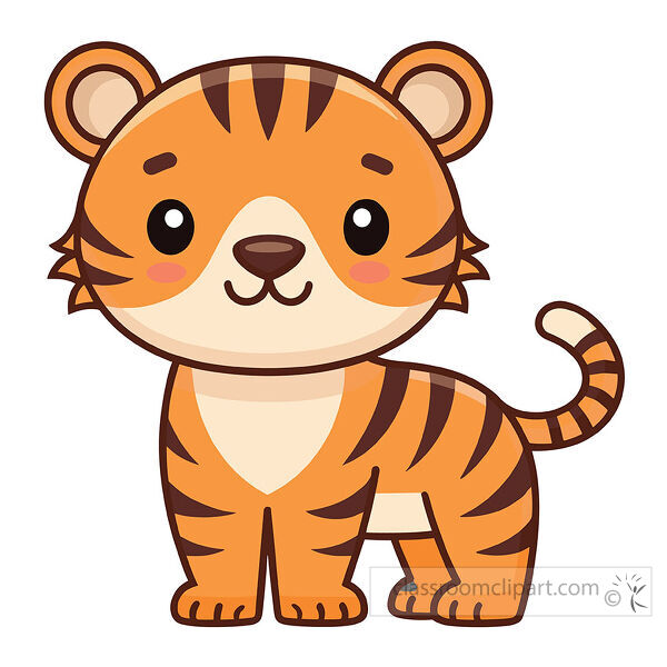 Cute orange tiger stands facing forward with dark stripes rosy cheeks round ears and a curled tail