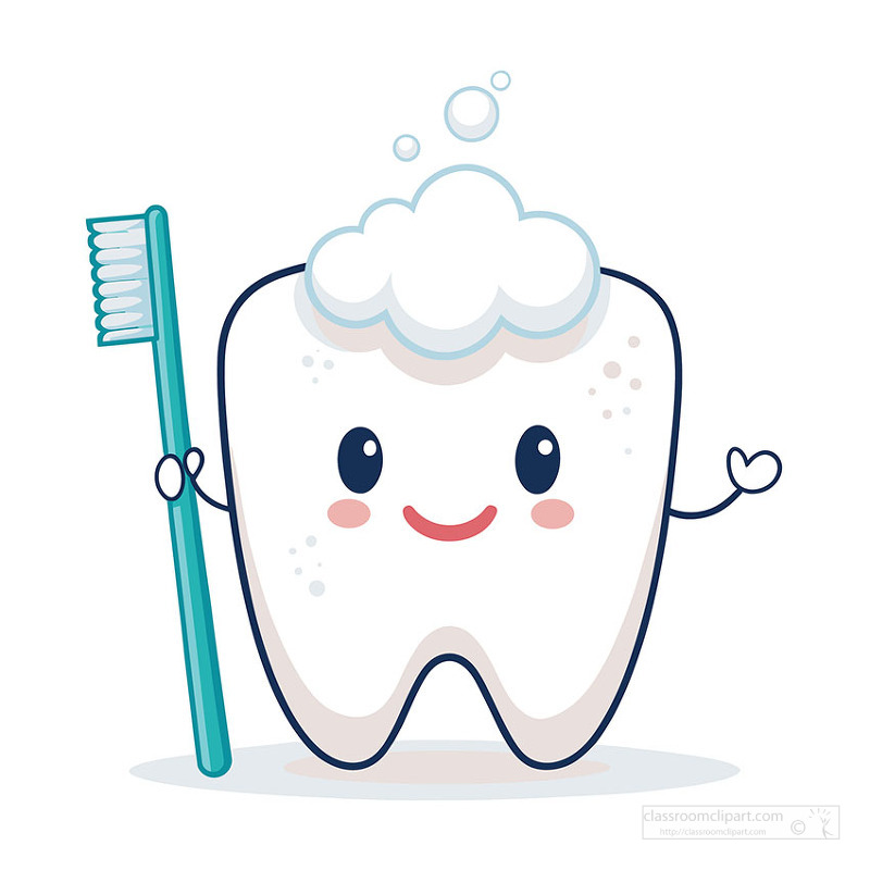 Friendly tooth character holding toothbrush and showing dental hygiene