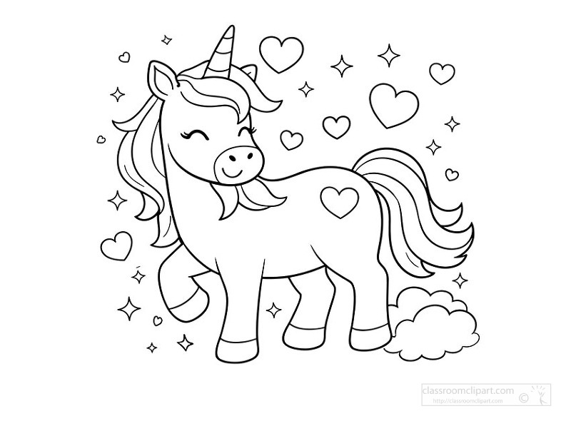 Sweet unicorn illustration with hearts and sparkles in black and white coloring style