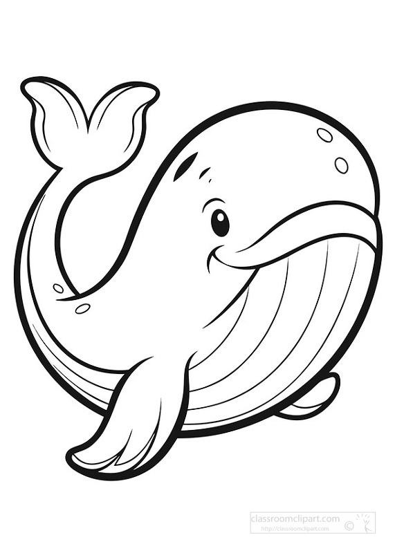 This black and white illustration shows a friendly whale designed for children coloring activities