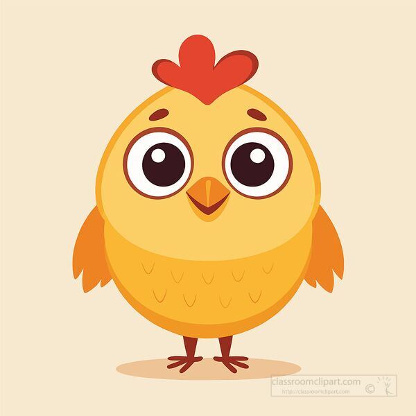 round yellow chicken with orange wings and a red comb standing on a beige background