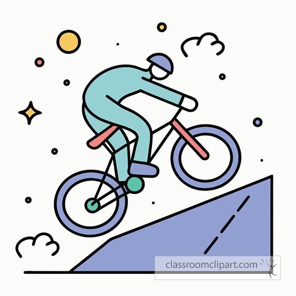 A stylized illustration of a cyclist performing a jump on a bike over a ramp, set against a whimsical background with stars and clouds.