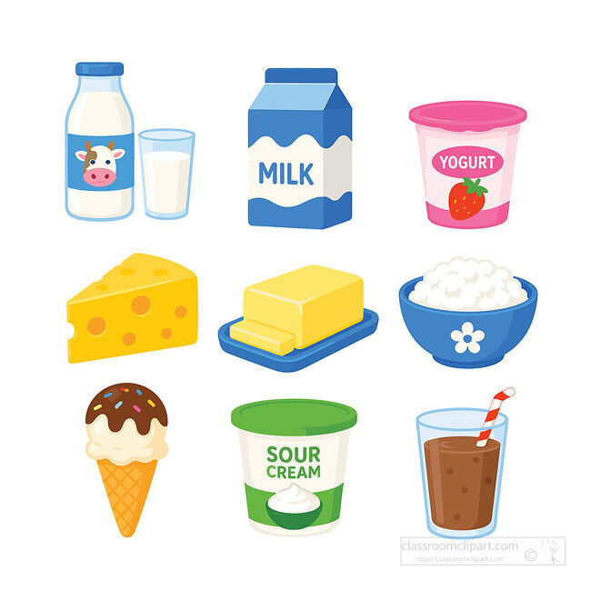 Set of dairy food icons showing milk cheese butter yogurt cottage cheese and ice cream