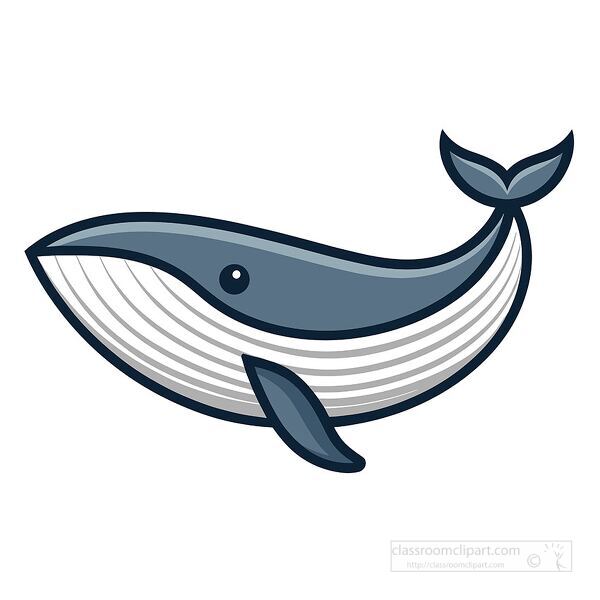 Cute vector illustration of a dark blue whale with a curved tail and friendly face in minimalist style