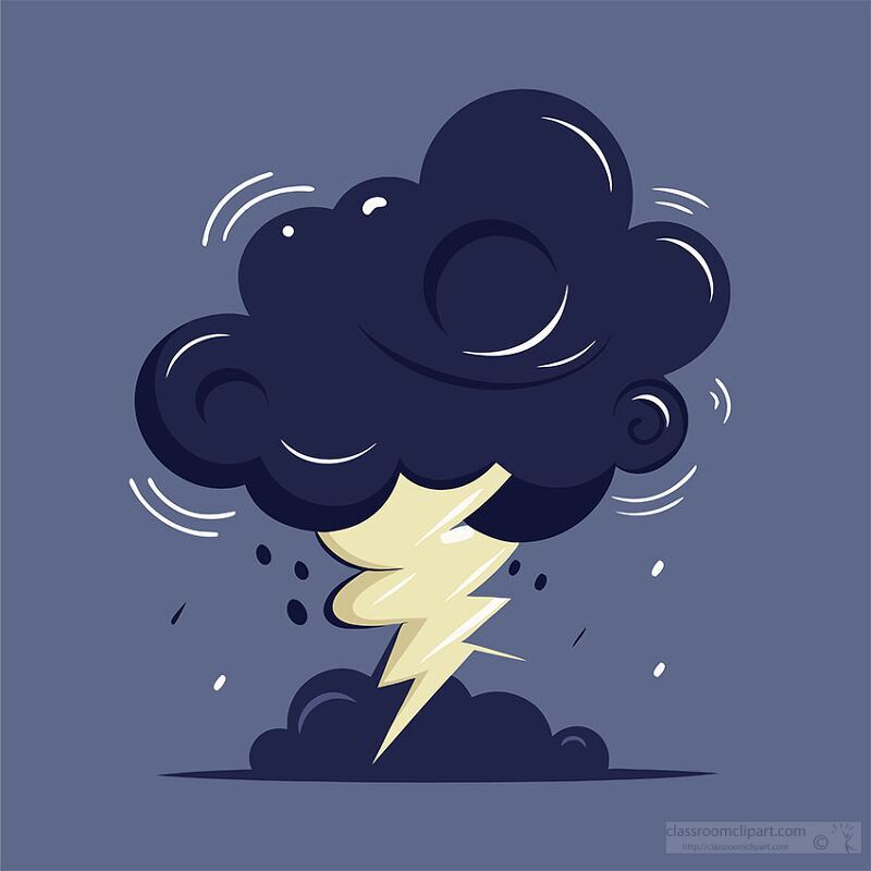 A stylized illustration of a thunderstorm featuring a dark cloud with a lightning bolt striking down. The background is a muted blue, enhancing the dramatic effect of the storm.