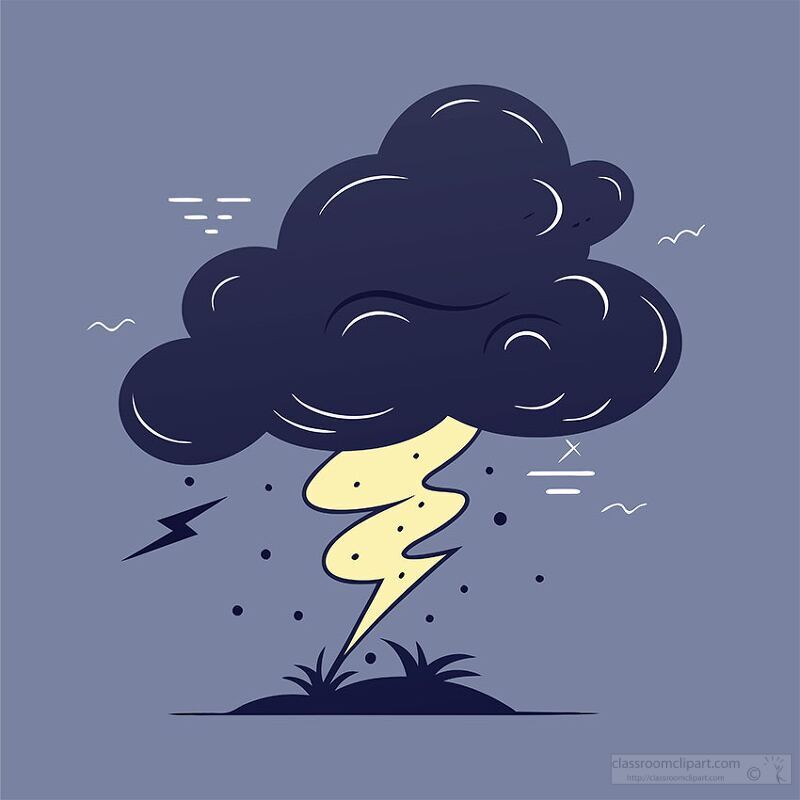 A stylized illustration of a storm cloud with a lightning bolt striking down. The cloud is dark gray with a whimsical design, and the background is a muted blue. Simple line art elements like raindrops and wind lines enhance the stormy theme.