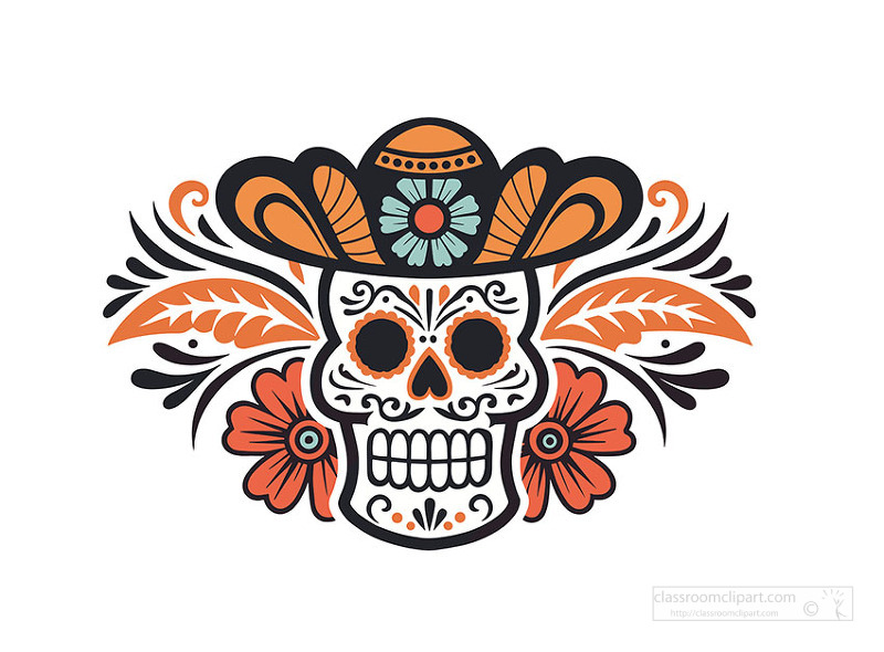 Colorful day of the dead sugar skull with floral elements and ornamental details
