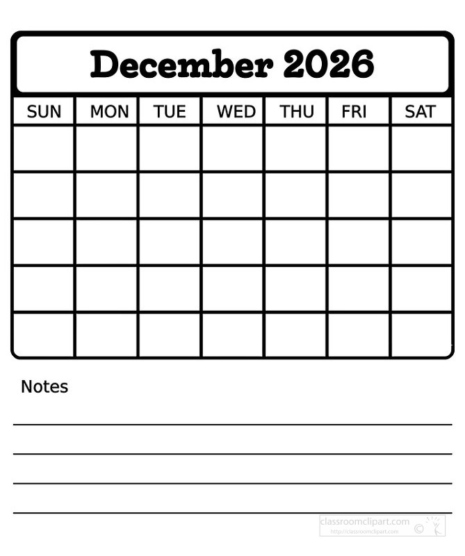 Black and white december 2026 calendar sheet that combines a clear monthly grid with lined notes at the bottom ideal for tracking events goals and important reminders