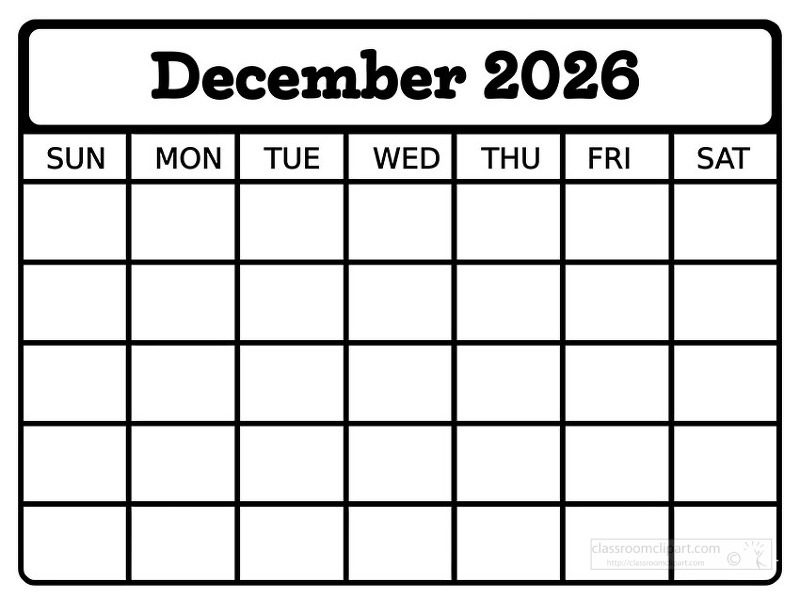Simple black and white december 2026 calendar page featuring a clean grid layout with Sunday through Saturday
