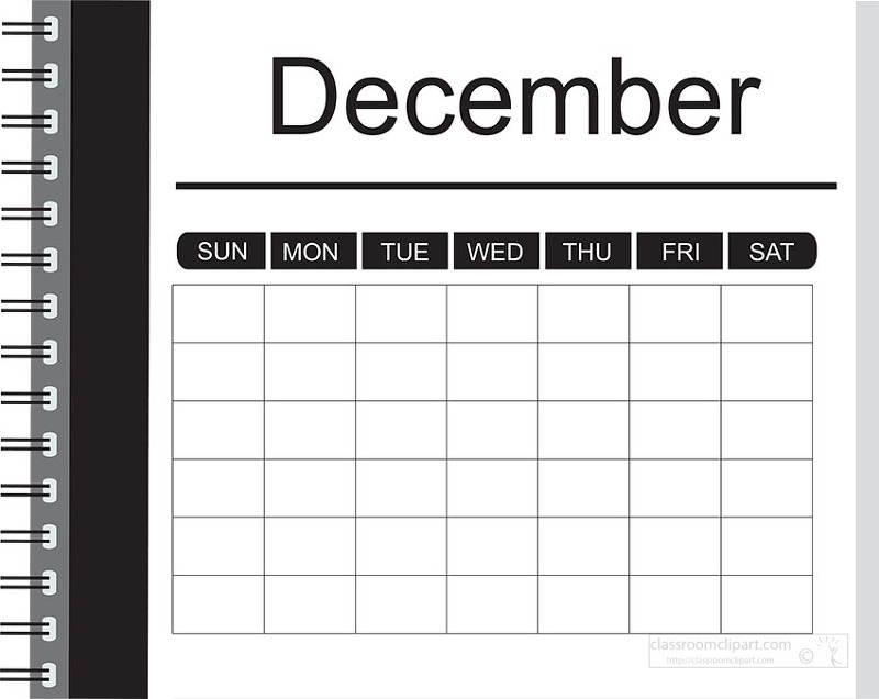Blank December monthly calendar page with notebook spiral binding and simple grid

