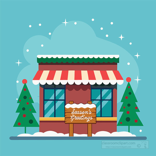 shop front decorated with a striped awning Christmas trees snow and a Seasons Greetings wooden sign